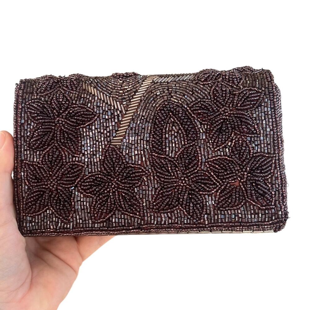 Beaded Clutch Evening Bag Brown Bronze Floral Bugle Bead Beaded Strap Flap Purse